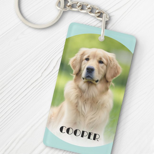 Pet dog photo light aqua blue curved borders name keychain (Creator Uploaded)
