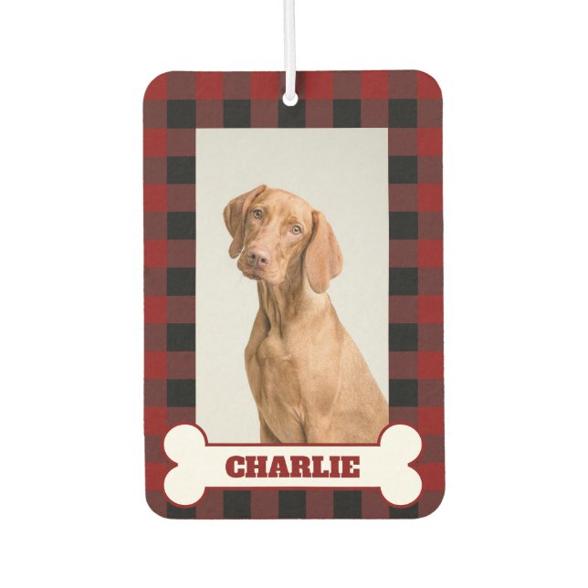 Pet Dog Photo & Name on Red & Black Buffalo Plaid Air Freshener (Front)