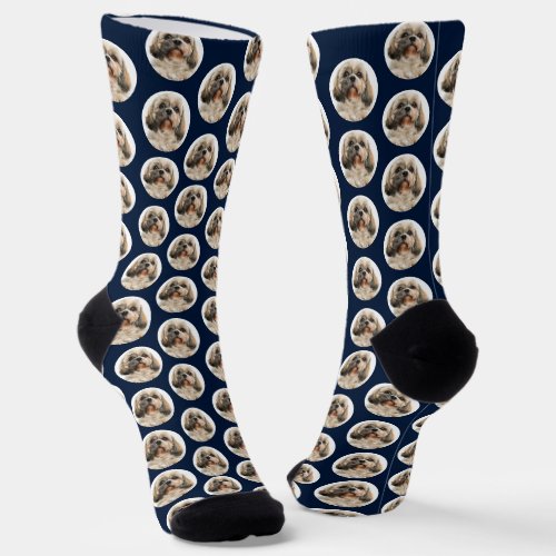 Pet Dog Photo Pattern Navy Blue Birthday Socks