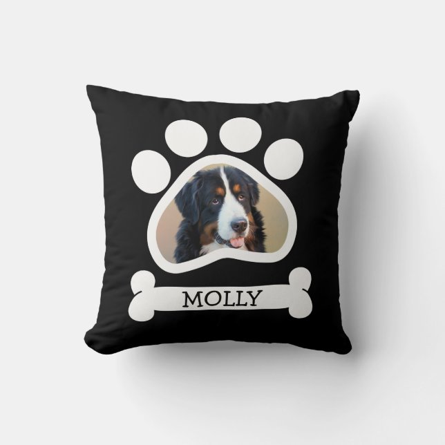 Pet Dog Photo Paw Print Black & White Throw Pillow (Front)