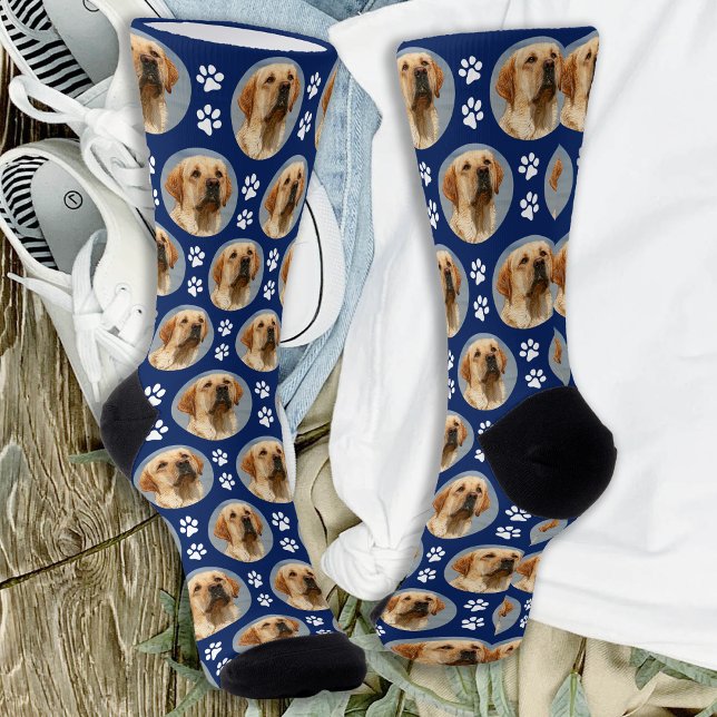 Pet Dog Photo Paw Prints Custom Pattern Navy Blue Socks (Creator Uploaded)