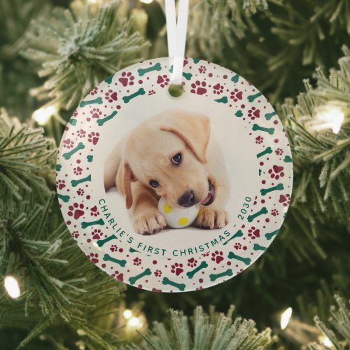 Pet Dog Photo Paw Prints Personalized Christmas Glass Ornament