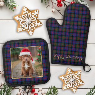 Pet Dog Photo Personalized Trendy Christmas Plaid Oven Mitt & Pot Holder Set