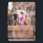 Pet Dog Photo Pink Ribbon Chic Gold Glitter Name iPad Pro Cover<br><div class="desc">This modern design features your favorite photo with a pink ribbon overlay and gold glitter polka dots,  personalized with your name. Perfect as a gift or to spoil yourself #personalizedgifts #photogifts #giftsforher #addyourown</div>
