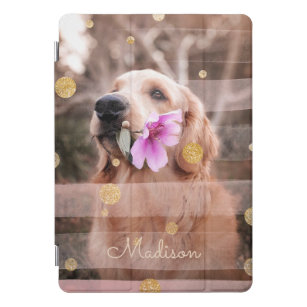 Pet Dog Photo Pink Ribbon Chic Gold Glitter Name iPad Pro Cover