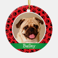 Pet Dog Photo Red Paw Prints Holiday Monogram Ceramic Ornament