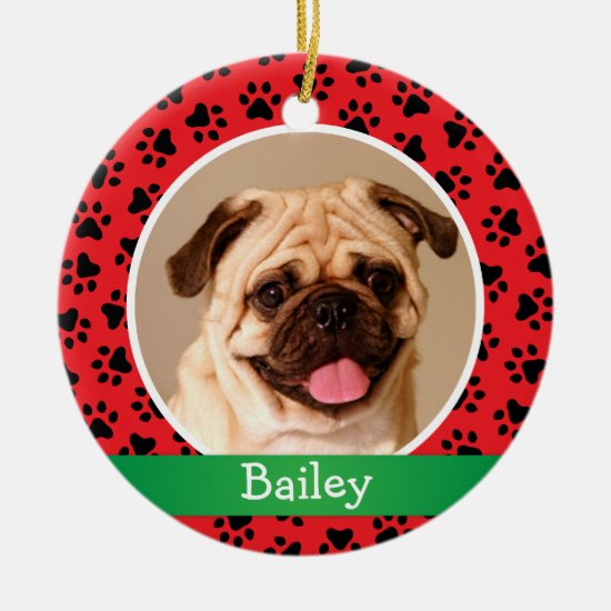 Pet Dog Photo Red Paw Prints Holiday Monogram Ceramic Ornament