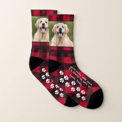 Pet Dog Photo Red Plaid Never Walk Alone Memorial Socks