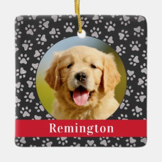 Pet Dog Photo Red Silver Name Paw Prints Holiday Ceramic Ornament