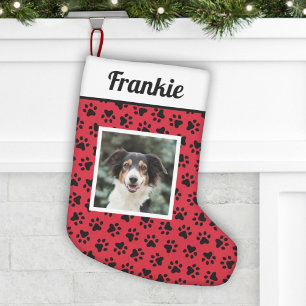 Pet Dog Red and Black Paw Prints Custom Photo Small Christmas Stocking