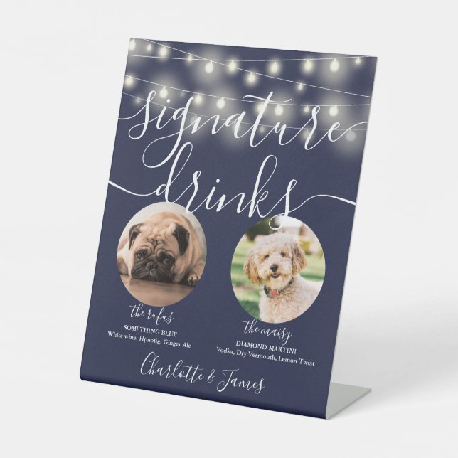 Pet Dog Signature Drinks String Lights Navy Blue Pedestal Sign (Front)