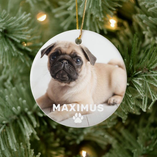 Pet Dog Simple Paw Print Custom Name Photo Ceramic Ornament (Tree)