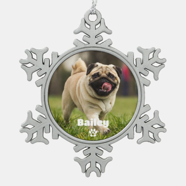 Pet Dog Simple Paw Print Custom Name Photo Snowflake Pewter Christmas Ornament (Front)