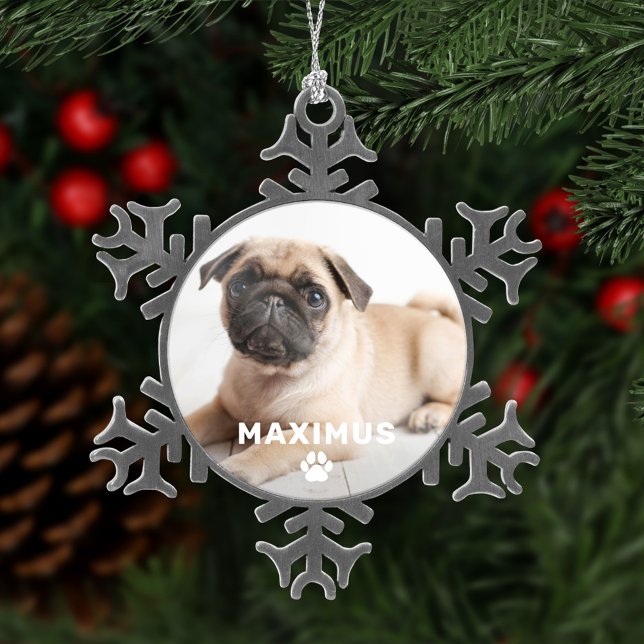 Pet Dog Simple Paw Print Custom Name Photo Snowflake Pewter Christmas Ornament (Creator Uploaded)