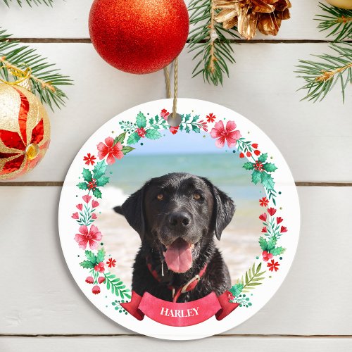 Pet Dog Two Photo Christmas Wreath Ceramic Ornament
