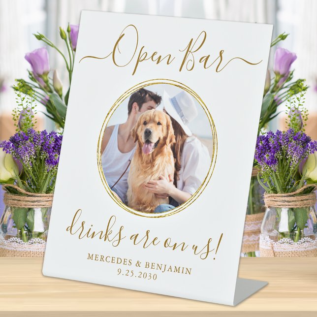 Pet Dog Wedding Open Bar Personalized Gold Drinks Pedestal Sign (Creator Uploaded)