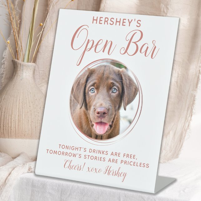 Pet Dog Wedding Open Bar Rose Gold Drinks Pedestal Sign (Creator Uploaded)