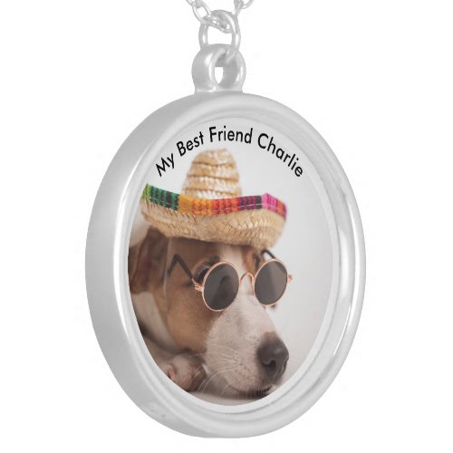 Pet Dog with Hat  Glass  Custom Photo and Text  Silver Plated Necklace