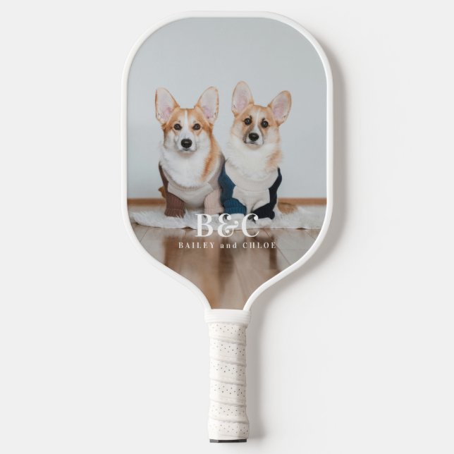 Pet Dogs Photo Monogrammed Names Keepsake Pickleball Paddle (Front)