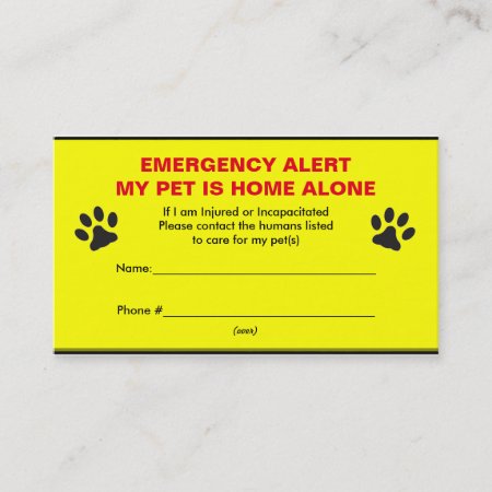 Pet Emergency Alert Home Alone Business Cards