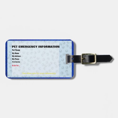 Pet Emergency Information Card Badge Luggage Tag