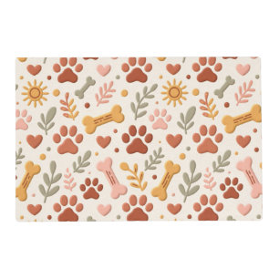 Pet Feeding Mat Boho Hand-Drawn Paw & Botanicals