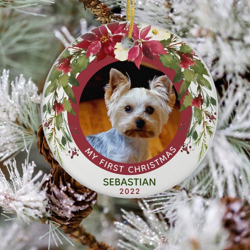 Pet First Christmas 2 photo 2 sided Floral Ceramic Ornament