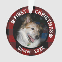 Pet FIRST CHRISTMAS 2-Photo Red & Black Plaid Ornament