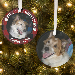 Pet FIRST CHRISTMAS 2-Photo Red & Black Plaid Ornament
