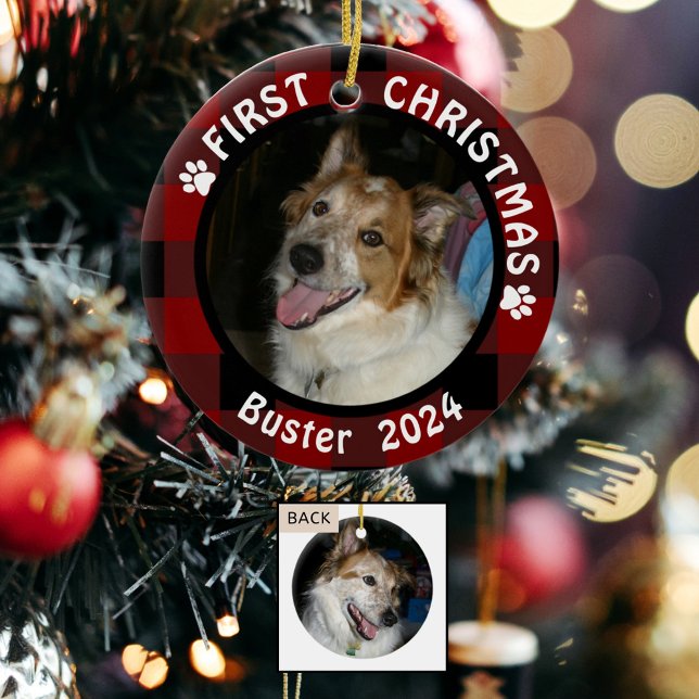 Pet FIRST CHRISTMAS 2-Sided 2-Photo Buffalo Check Ceramic Ornament (Creator Uploaded)