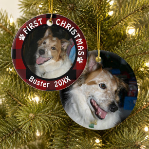 Pet FIRST CHRISTMAS 2-Sided 2-Photo Buffalo Check Ceramic Ornament