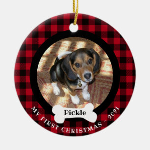 Pet First Christmas Buffalo Plaid 2-photo 2 sided Ceramic Ornament