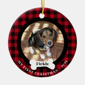 Pet First Christmas Buffalo Plaid 2-photo 2 sided Ceramic Ornament