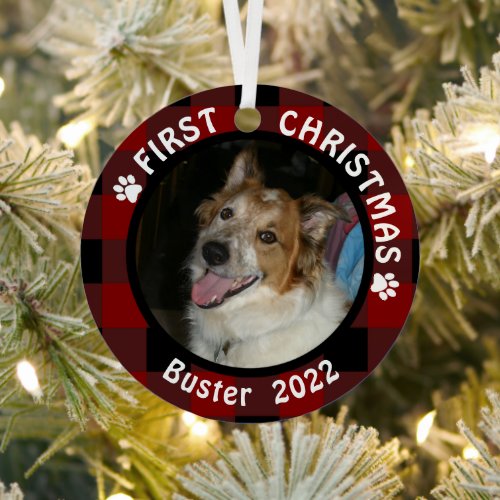 Pet FIRST CHRISTMAS Buffalo Plaid 2 Photo Name Metal Ornament