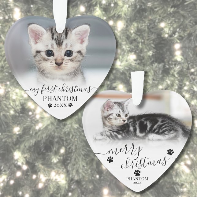 Pet First Christmas Cat Photo Heart Ornament (Pet First Christmas Script Cat Photo Heart Ornament )