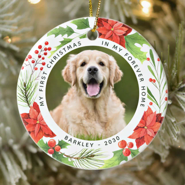 Pet First Christmas Forever Home Wreath Dog Photo Ceramic Ornament | Zazzle