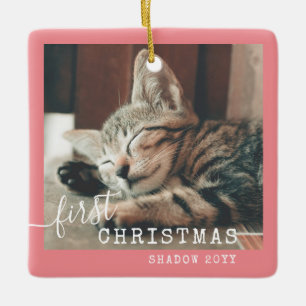 Pet First Christmas Photo Cute Pink Ceramic Ornament