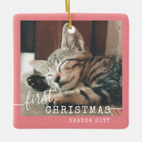 Pet First Christmas Photo Cute Pink Ceramic Ornament