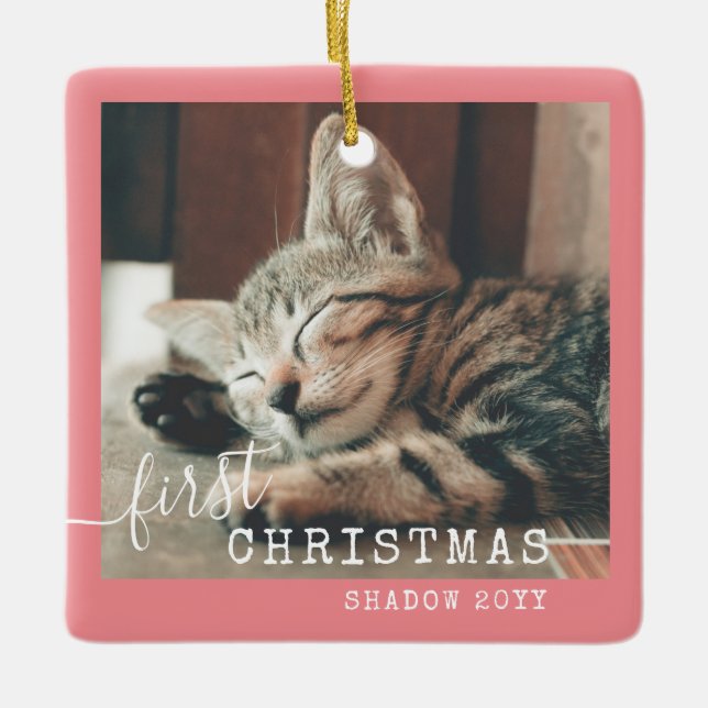 Pet First Christmas Photo Cute Pink Ceramic Ornament (Front)