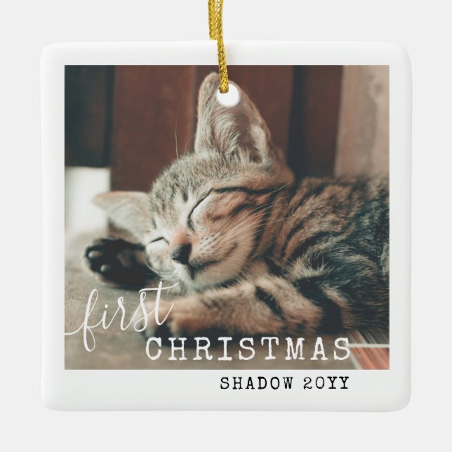 Pet First Christmas Photo Cute Simple Ceramic Ornament (Front)