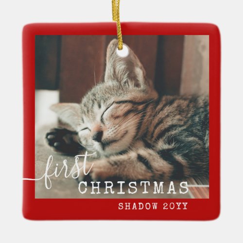 Pet First Christmas Photo Red Rustic  Ceramic Ornament