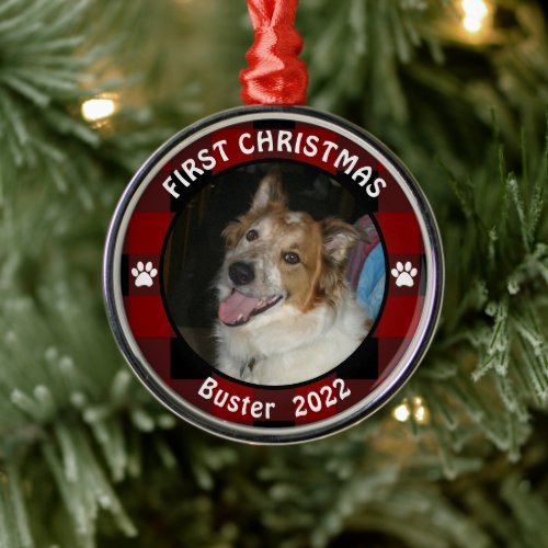 Pet FIRST CHRISTMAS Rustic Red Black Plaid Photo Metal Ornament