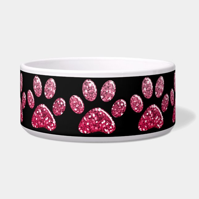 Pet Food Bowl - Dk Pinks Bling Paw Prints (Front)