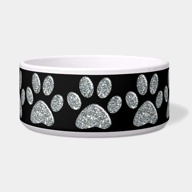 Pet Food Bowl - Light Silver Bling Paw Prints (Front)