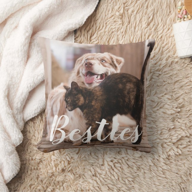 Pet Friends Dog Cat Photo Besties Gift Throw Pillow (Blanket)