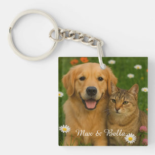 Pet Friends Dog Dad Cat Mom Floral Photo Gifts Keychain