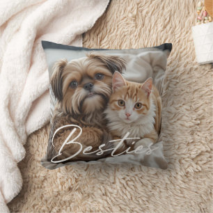 Pet Friends Dog Dad Cat Mom Gift BFF Besties Photo Throw Pillow