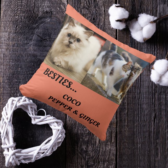 Pet Friends Photo Collage & Names Cat Mom Besties Throw Pillow (Creator Uploaded)