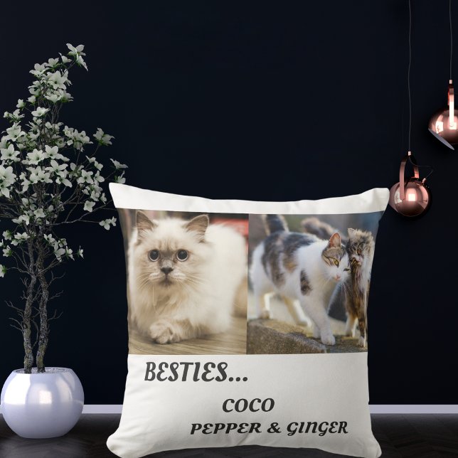 Pet Friends Photo Collage & Names Cat Mom Besties Throw Pillow (Creator Uploaded)