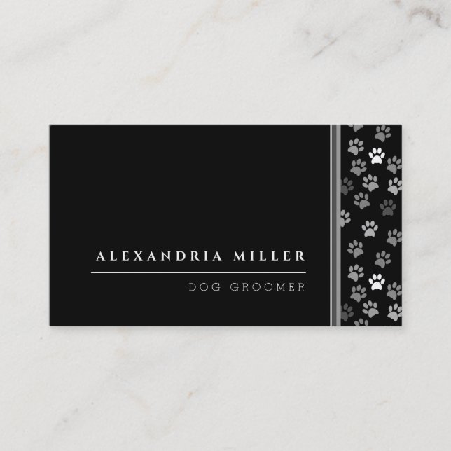 Pet Groomer | Black White & Gray Animal Paw Prints Business Card (Front)